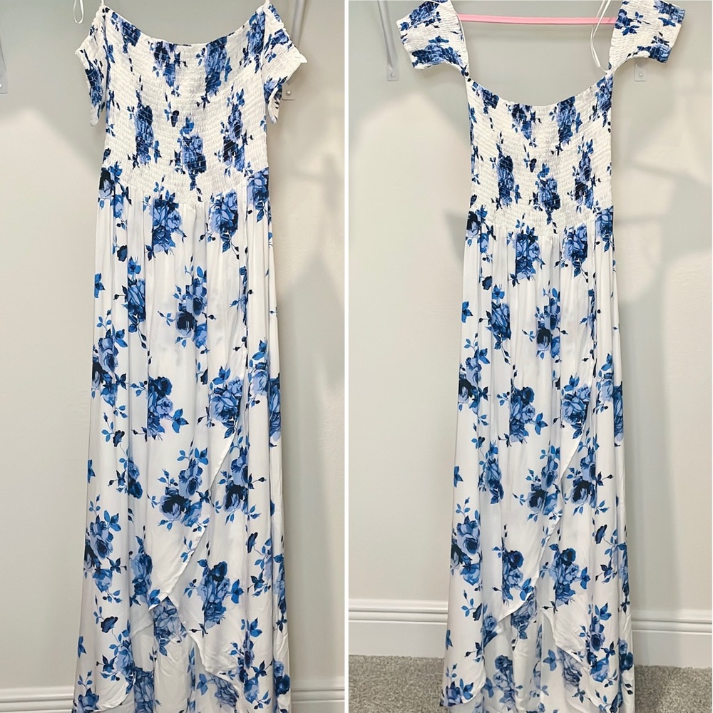 Blue and White Pleated Maxi A-Line Skirt